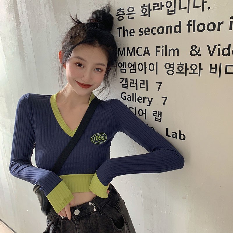 Knit Sweater V-neck New Slim-fit Contrast Short Cropped Long-sleeved Bottoming Shirt - Image 3