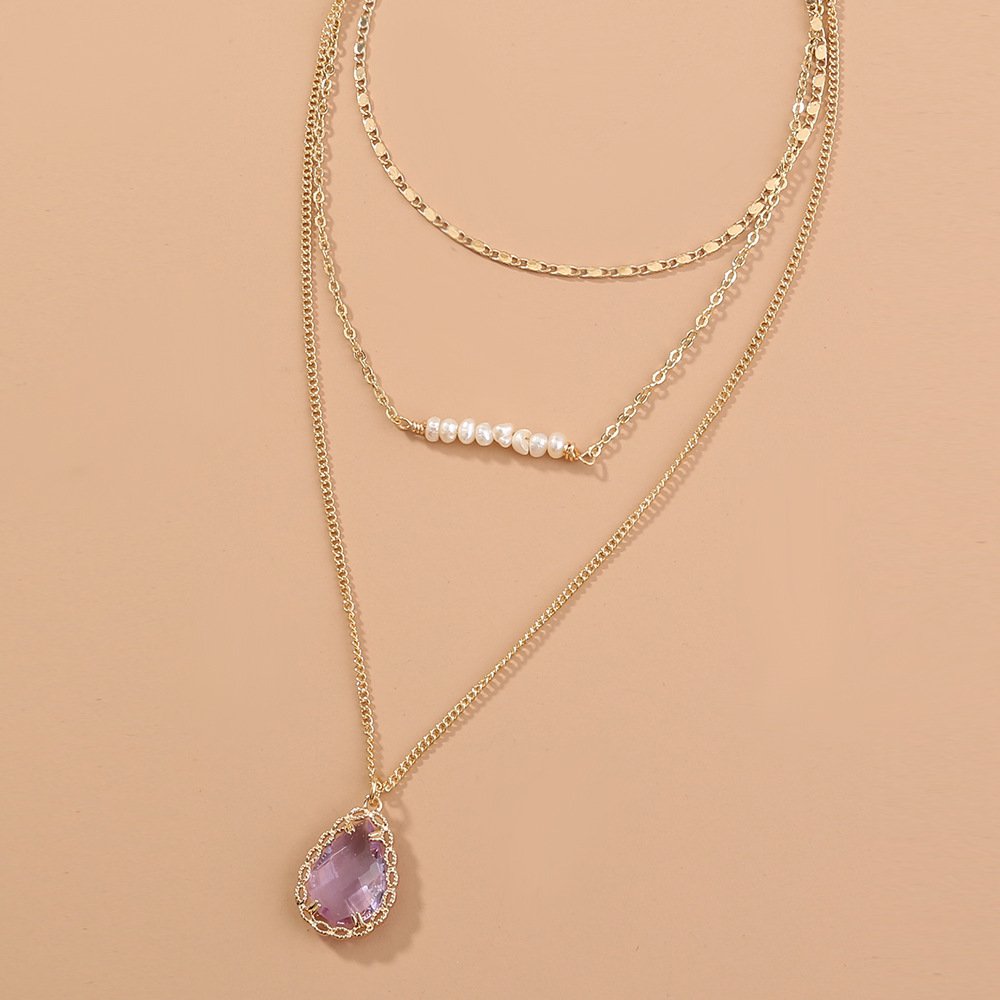 Natural fresh water rice bead Zircon multi-layer copper necklace