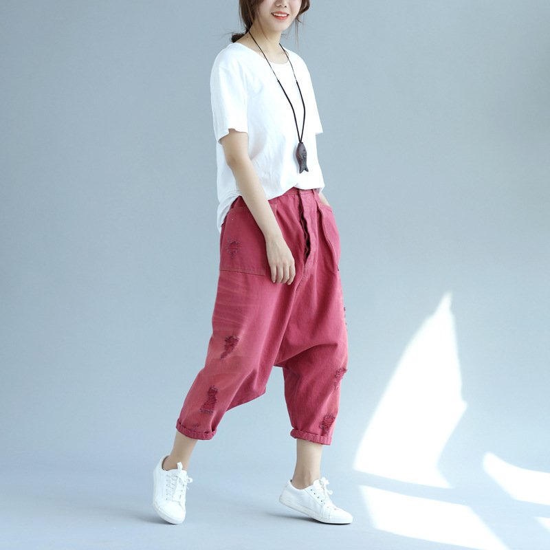 Casual Korean Style Loose Denim Cropped Harem Pants - Image 2