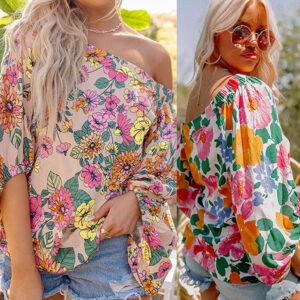 Women's Printed Slanted Shoulder Long Sleeve Loose Casual Top T-Shirt