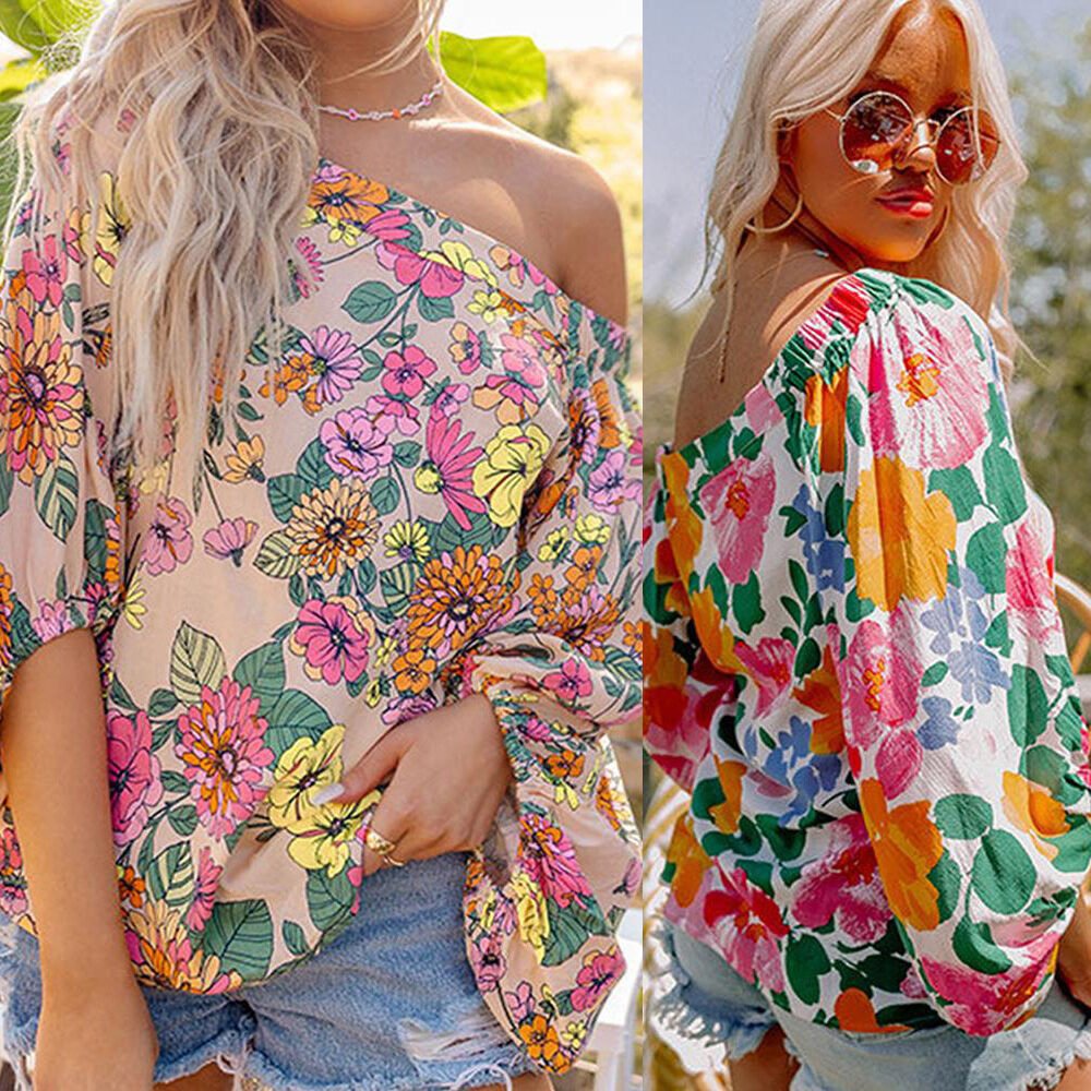 Women's Printed Slanted Shoulder Long Sleeve Loose Casual Top T-Shirt