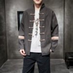 Contrast color buckle cotton and linen jacket