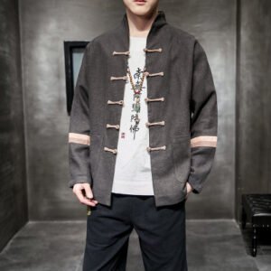 Contrast color buckle cotton and linen jacket