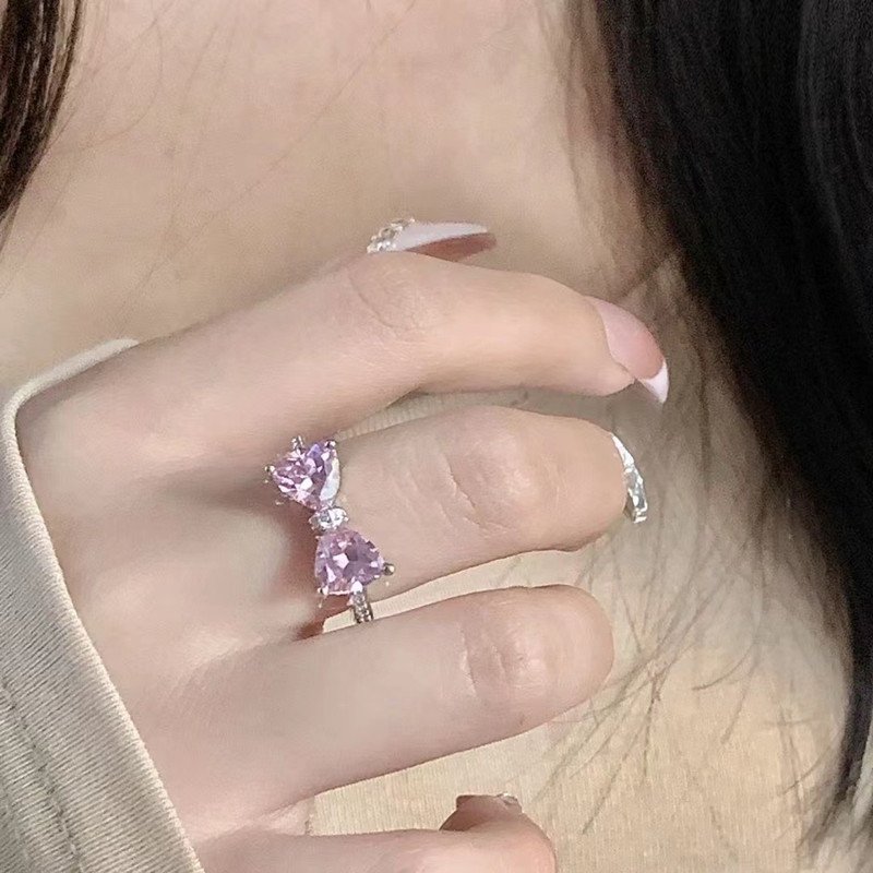 Princess's Castle Pink Bow Female Diamond Zircon French Girl Micro-inlaid Ring - Image 2
