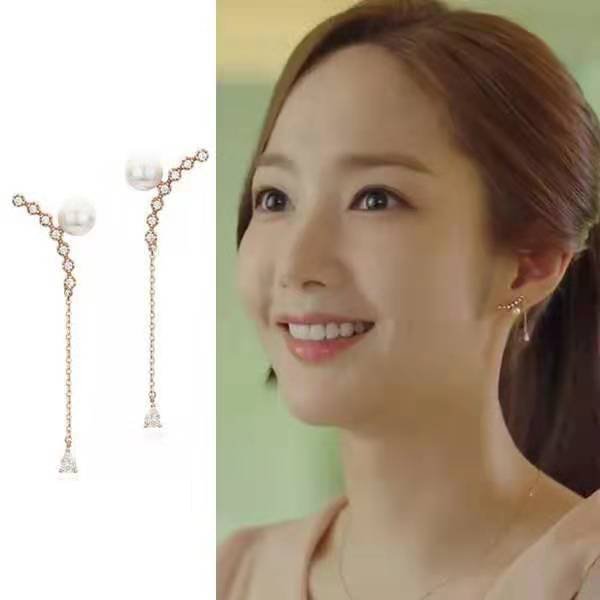 Temperament earrings Korean drama gold secretary Park Min-ying with the earrings Pearl long earrings - Image 3