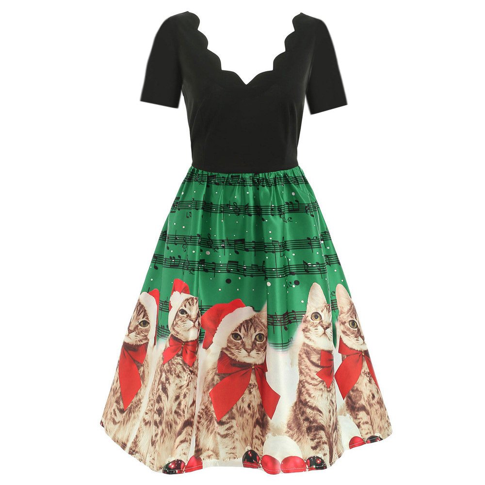 Hepburn style wave V-neck short sleeve printed dress - Image 3