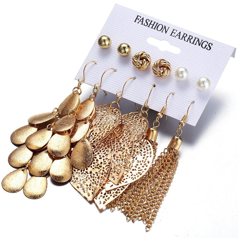 6 pairs of plate pearl earrings set hollow leaf woven earrings - Image 2