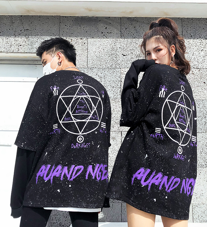 Autumn country tide high street dark black loose oversize round neck sweater men and women hip hop printed fake two-piece sweater - Image 4