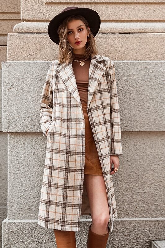 Ladies British Style Long Check Woolen Coat - Image 4