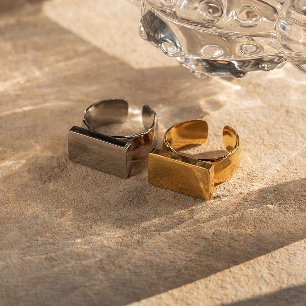 Women's 18K Gold Stainless Steel Long Block Ring - Image 9