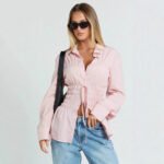 Womens Stylish Elegant Lapel Blouse With Pleated Details And Long Sleeves