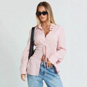 Womens Stylish Elegant Lapel Blouse With Pleated Details And Long Sleeves