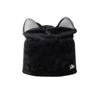 Autumn Winter Women's Beanies Cat Hat Ladies Warm Velvet Skullies  With Flashing Rhinestone Ear Flaps Girls Cute Bonnet Touca