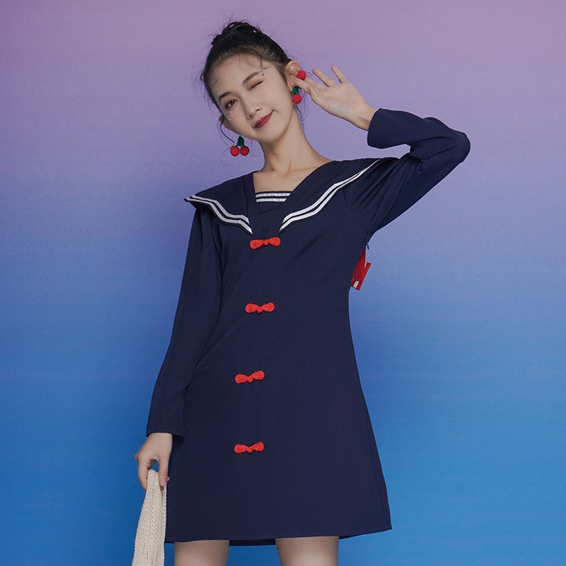 Women's Navy Style Lapel Dress Was Thin Young Girl - Image 2