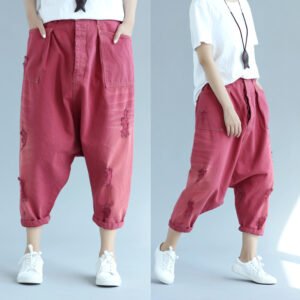 Casual Korean Style Loose Denim Cropped Harem Pants