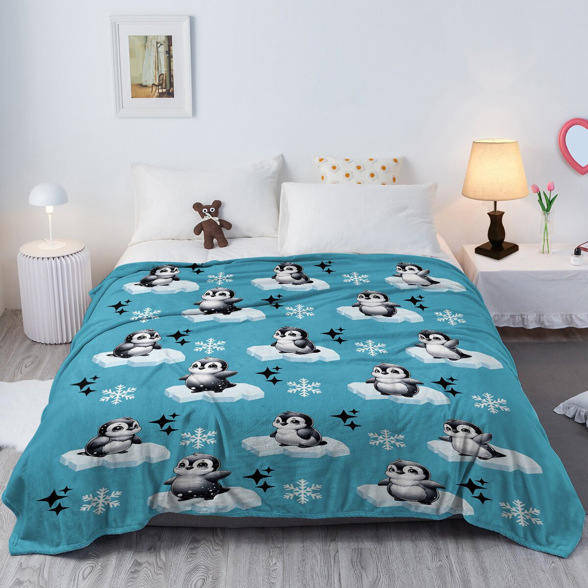 1pc Cute Penguin Snow Cloud Pattern Blue Winter Sofa Blanket Printed Flannel Blanket Comfortable And Warm Home Hugging Blanket Suitable For Bed Sofa Camping And Multi Scene Seasonal Use - Image 2