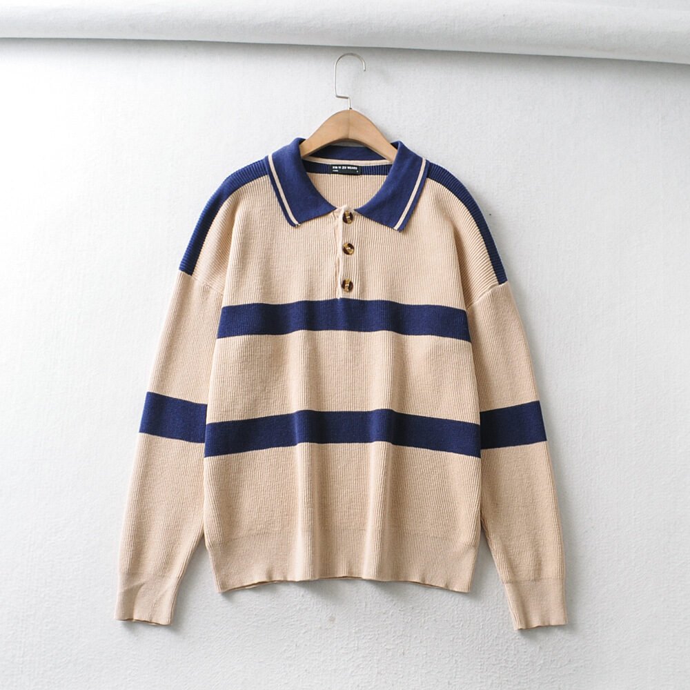 Women's European And American Retro Beige Knit Striped Loose Lazy Sweater - Image 4