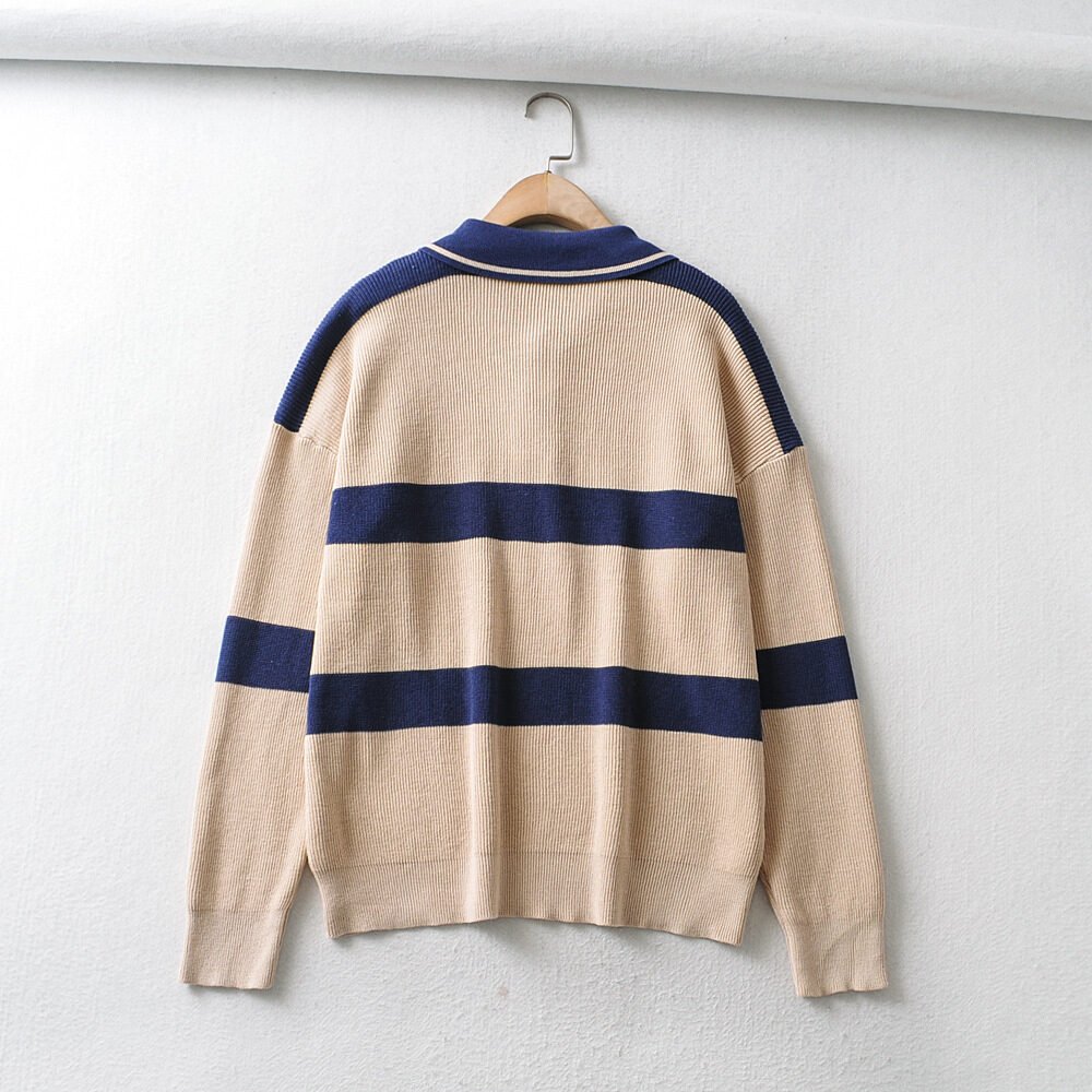 Women's European And American Retro Beige Knit Striped Loose Lazy Sweater - Image 5