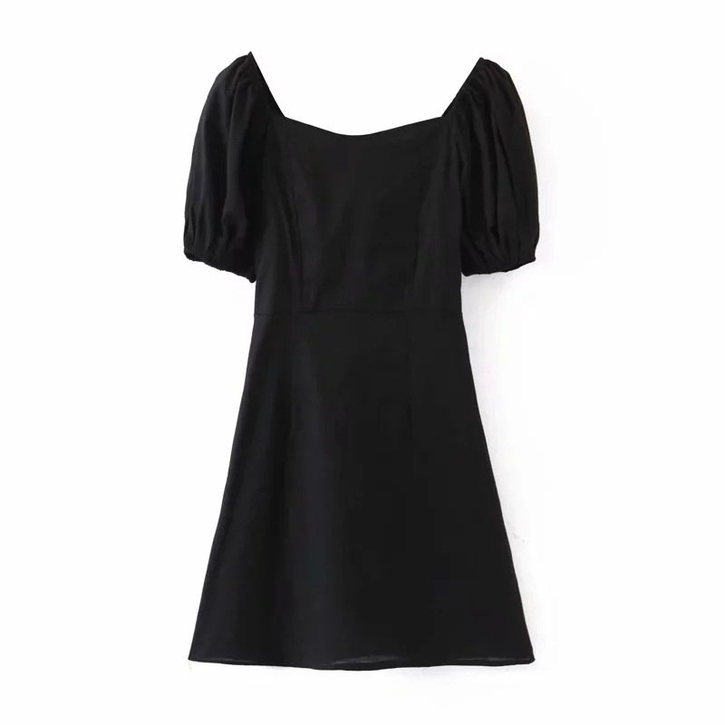 Retro Palace Style Square Neck Puff Sleeve Waist Cotton and Linen Dress - Image 5