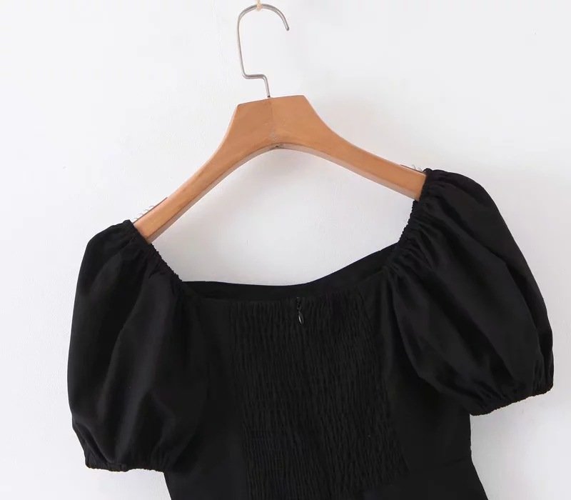 Retro Palace Style Square Neck Puff Sleeve Waist Cotton and Linen Dress - Image 3