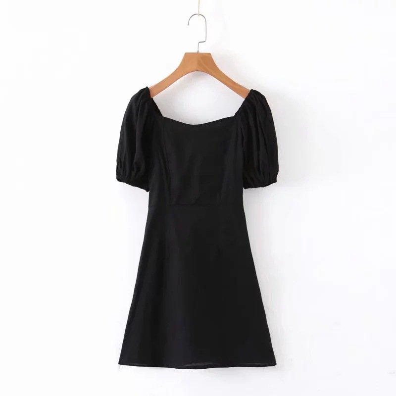 Retro Palace Style Square Neck Puff Sleeve Waist Cotton and Linen Dress - Image 2