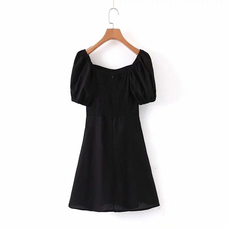 Retro Palace Style Square Neck Puff Sleeve Waist Cotton and Linen Dress - Image 4