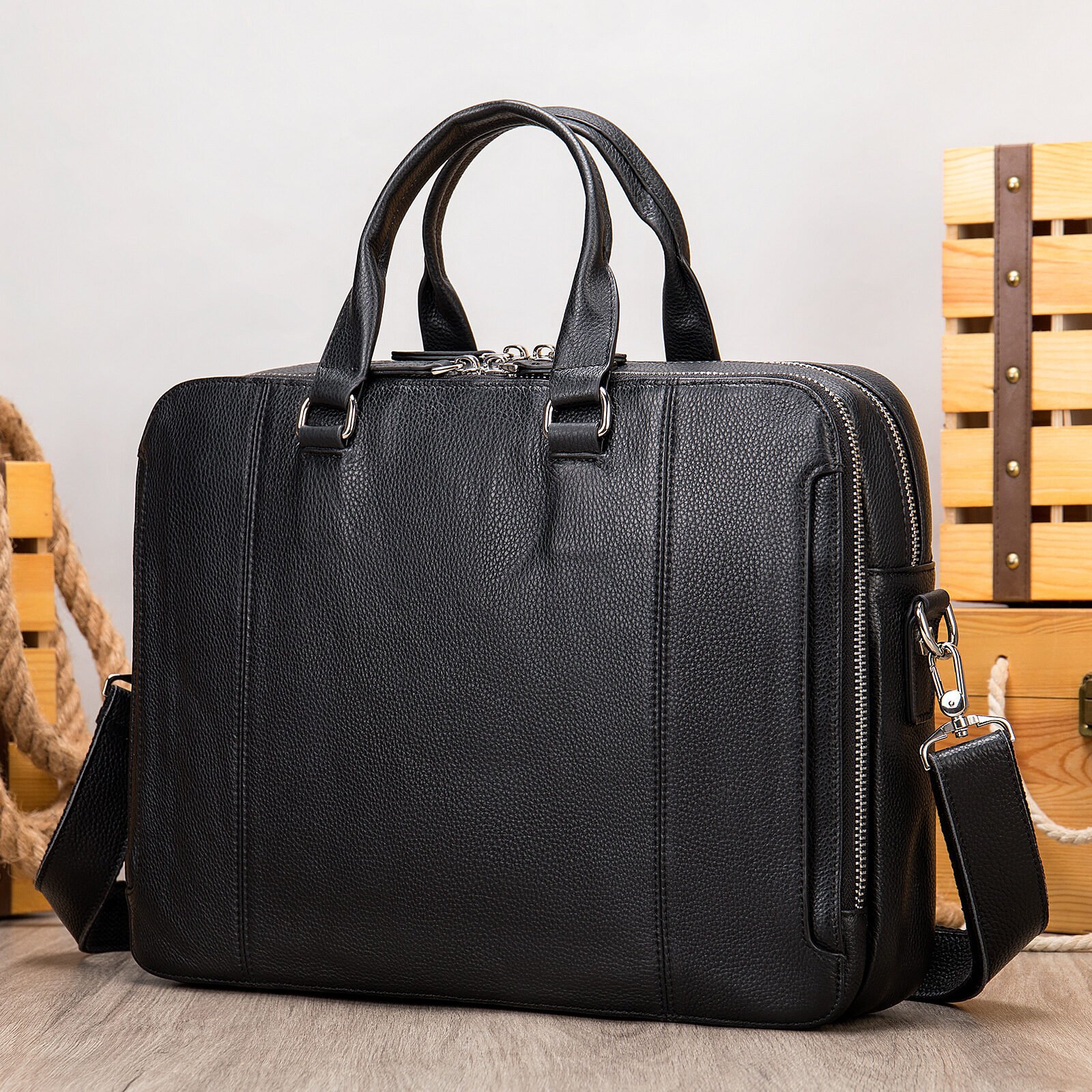 MVA Briefcase, Leather Men's Business Handbag, First Layer Leather Laptop Business Bag, Spot Wholesale - Image 6