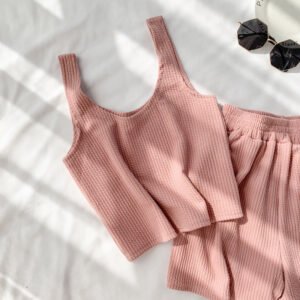 Casual Slim Solid Color Short-sleeved CottonPink Black Pants Suit Three-piece Suit