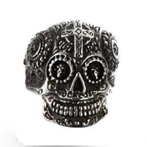 Male Carved Gabala Stainless Steel Ghost Head Green Eye Ring