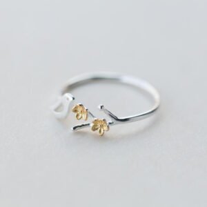 S925 Silver Bird Flower Ring Golden Flower Branch Ring