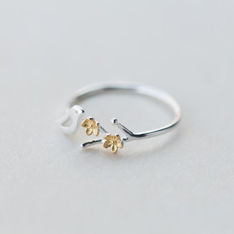 S925 Silver Bird Flower Ring Golden Flower Branch Ring