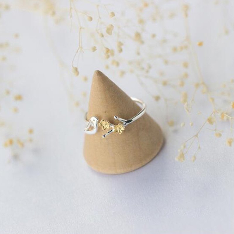 S925 Silver Bird Flower Ring Golden Flower Branch Ring - Image 4