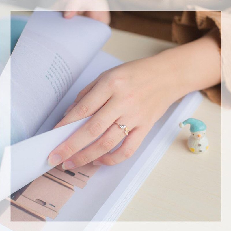 S925 Silver Bird Flower Ring Golden Flower Branch Ring - Image 5