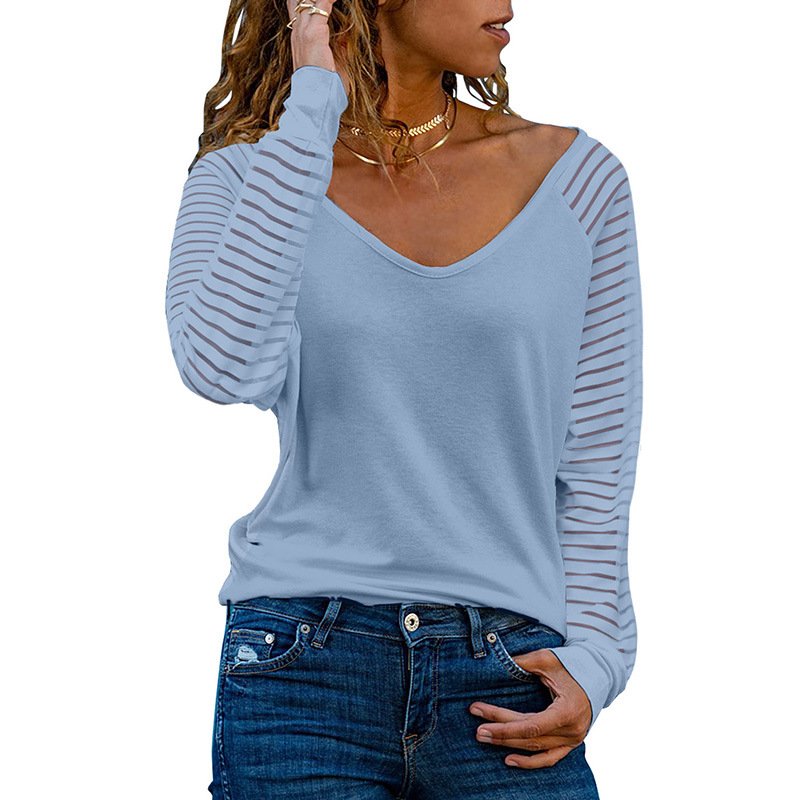 New style striped sleeves v-neck pullover ladies top - Image 7