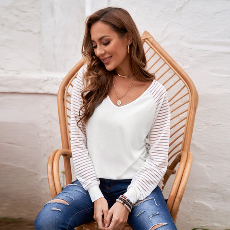 New style striped sleeves v-neck pullover ladies top - Image 6