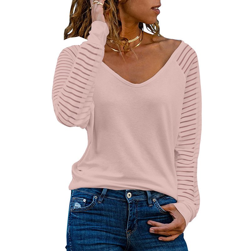 New style striped sleeves v-neck pullover ladies top - Image 5