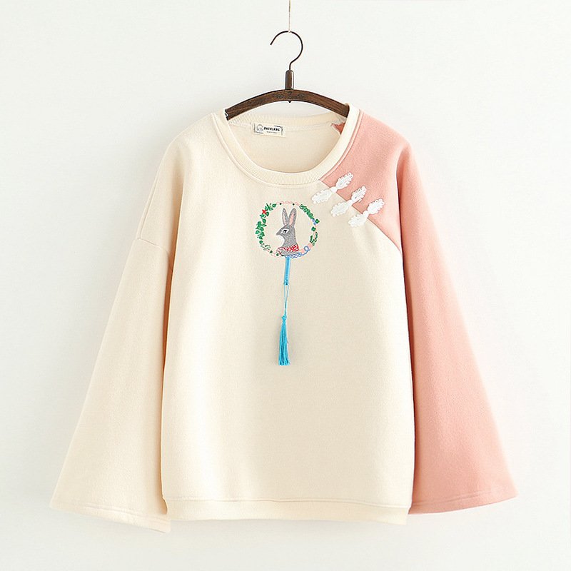 Japanese cartoon rabbit embroidery pullover and velvet sweater - Image 2