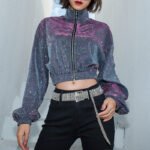 Flash jacket girl long sleeve Lapel short waist receipt dance suit loose style high waist jacket fashion in