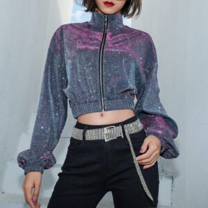 Flash jacket girl long sleeve Lapel short waist receipt dance suit loose style high waist jacket fashion in