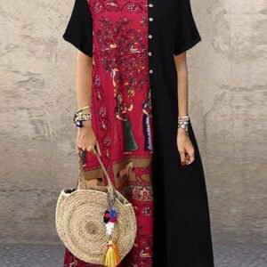 Cotton Print Vintage Contrast Contrast Round Neck Dress