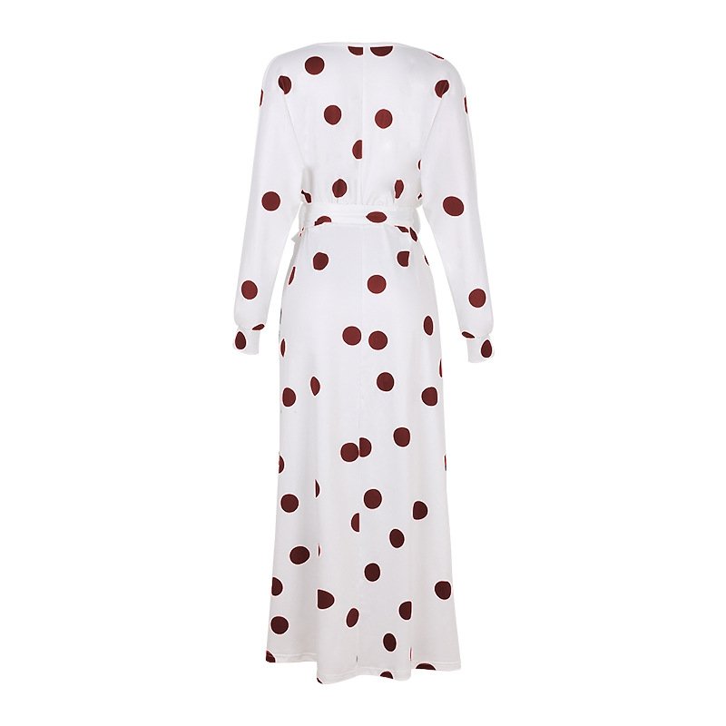 Polka Dot Print Long Sleeve V Neck Off Shoulder Dress - Image 3