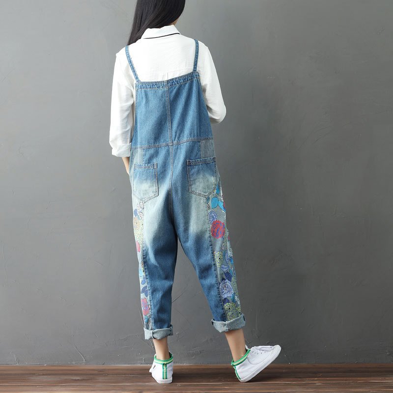 Stitched jeans large size printed suspender bib - Image 3