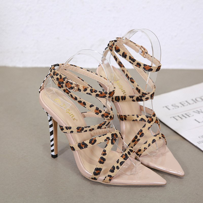 Leopard-print fine high-heeled cross strap sandals - Image 3