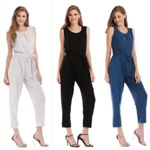 Solid color waist nine - minute jumpsuit