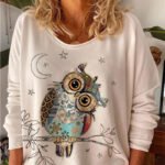 Owl Animal Print Long Sleeved Round Neck Loose