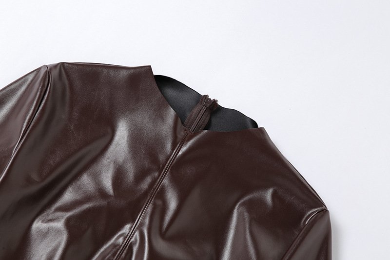 Long-sleeved Round Neck Zipper Faux Leather Solid Color Cardigan - Image 6
