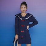 Women's Navy Style Lapel Dress Was Thin Young Girl