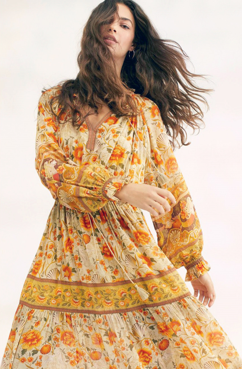 Printed V-neck long sleeve dress