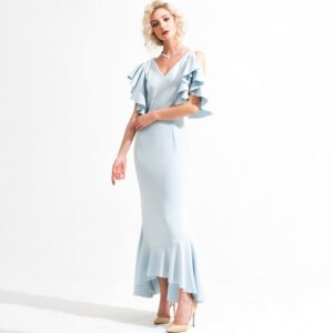 Solid color butterfly ruffled evening dress