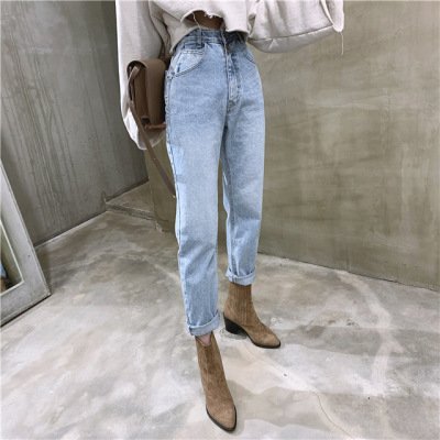 High waist washed blue 2-button small straight-leg jeans - Image 3